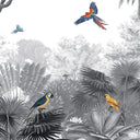Close-up of the Canopy Jungle – Black & White wallpaper mural featuring tropical foliage and colourful birds