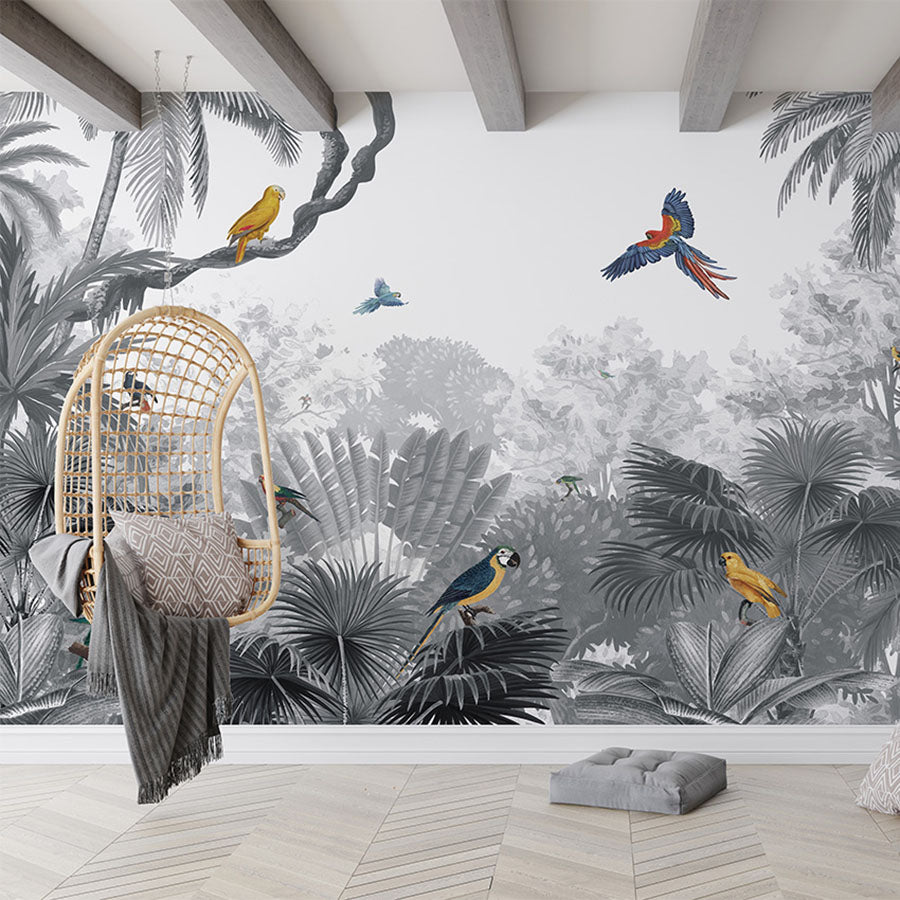 Canopy Jungle – Black & White wallpaper mural in a living room hanging chair