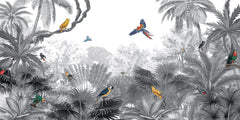 Canopy Jungle – Black & White wallpaper mural by Kikki Belle featuring tropical foliage and colourful birds