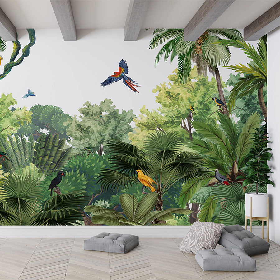 Canopy Jungle – Bright wallpaper mural in a living room floor cushions