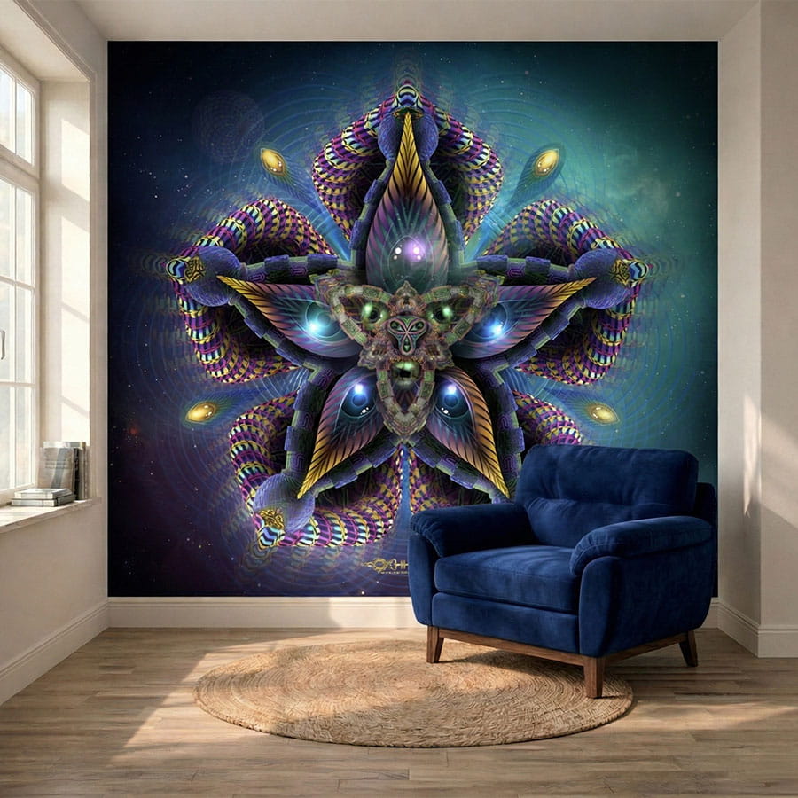 Cerebral Bloom visionary wallpaper mural in a contemporary living room