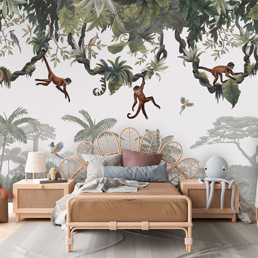 Cheeky Monkeys wallpaper mural in a children’s bedroom rattan bed.jpg