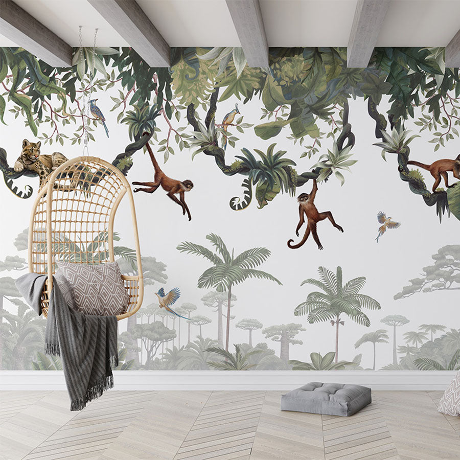 Cheeky Monkeys wallpaper mural in a living room hanging chair