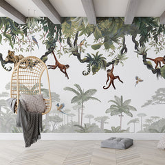 Cheeky Monkeys wallpaper mural in a living room hanging chair