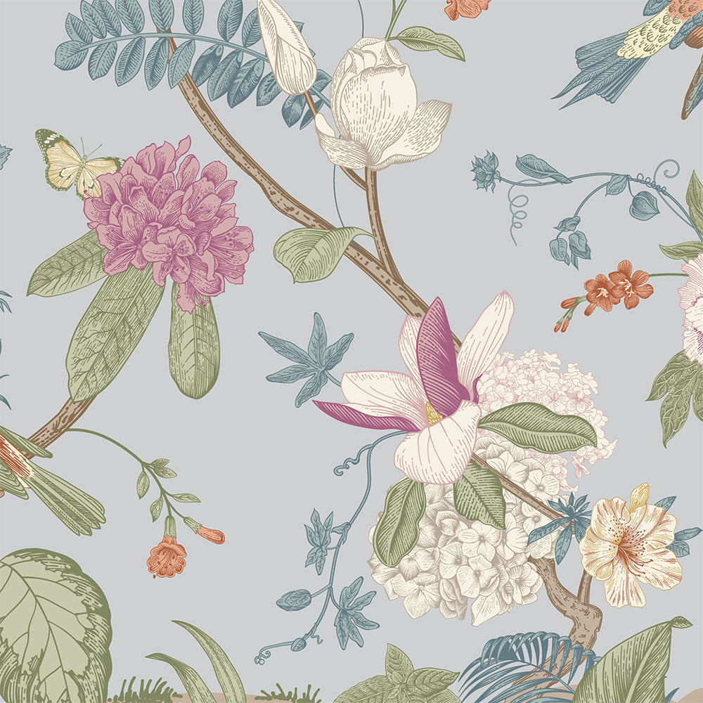 Chinoiserie wallpaper floral design close up view