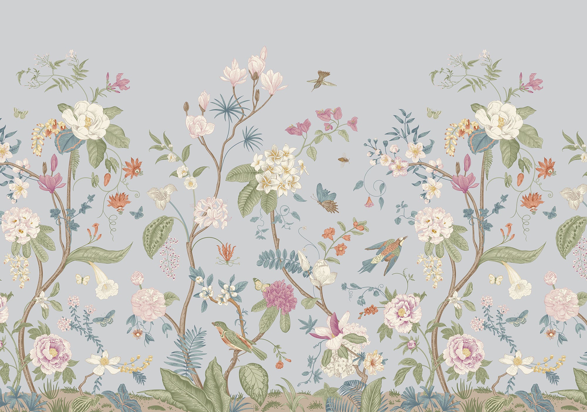 Chinoiserie duck egg blue floral elegant wallpaper design