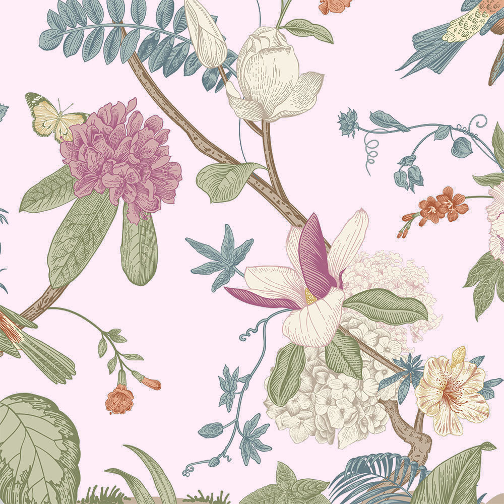 Chinoiserie pink elegant floral wallpaper design close up view