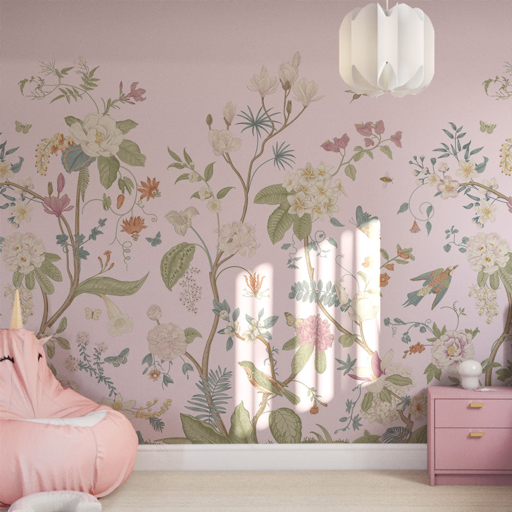 Chinoiserie pink wallpaper mural design in girls room setting