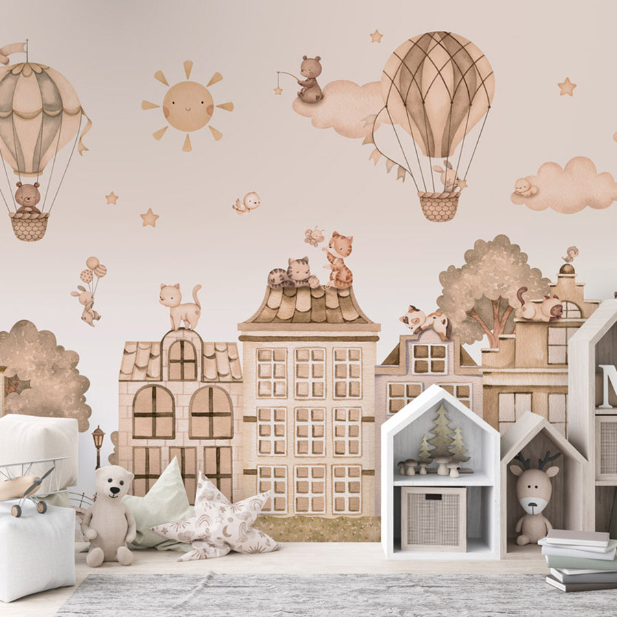 City Cats – Mono wallpaper mural shown in a children's bedroom house shelves