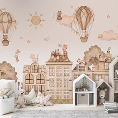 City Cats – Mono wallpaper mural shown in a children's bedroom house shelves