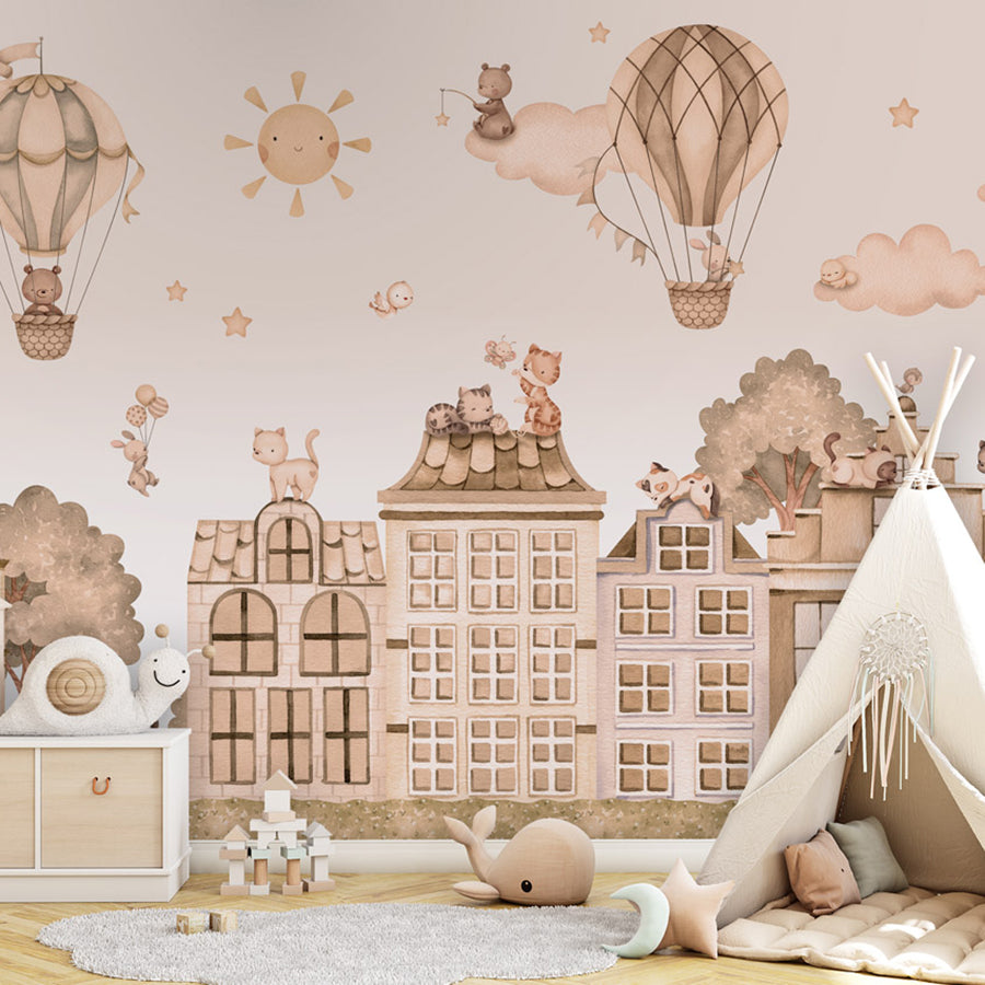 City Cats – Mono wallpaper mural shown in a children's bedroom teepee