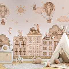 City Cats – Mono wallpaper mural shown in a children's bedroom teepee