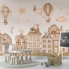 City Cats – Mono wallpaper mural shown in a children's playroom chalkboard