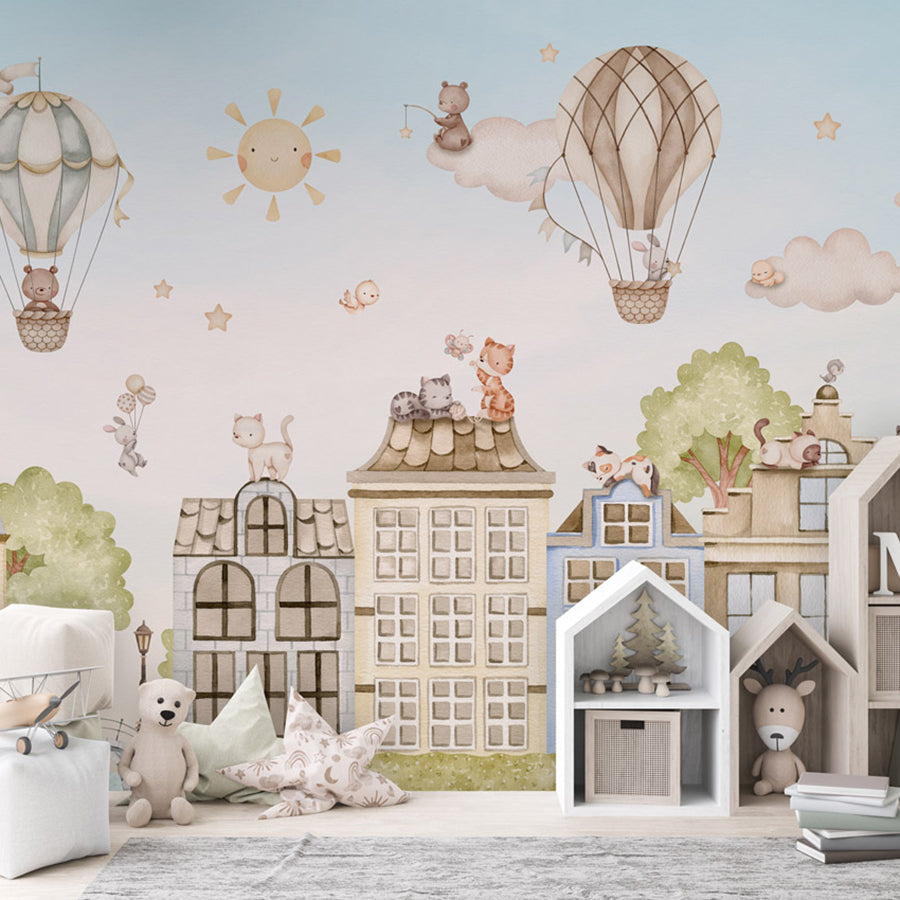 City Cats wallpaper mural shown in a children's bedroom house shelves