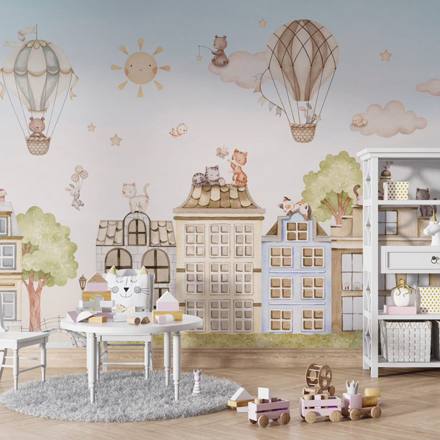 City Cats wallpaper mural shown in a children's playroom table