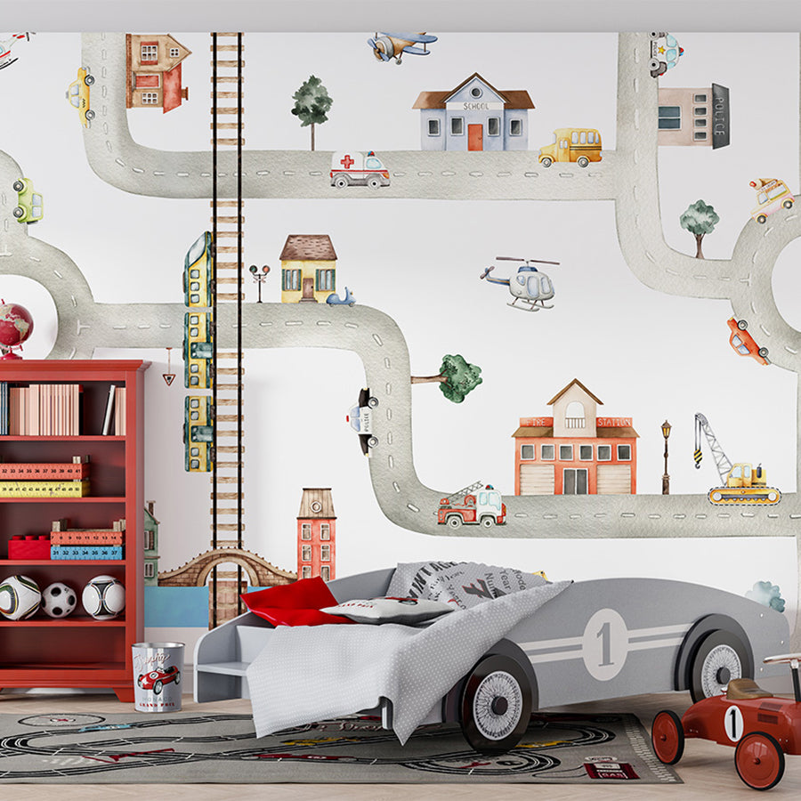 City of Vehicles wallpaper mural shown in a children's bedroom car bed