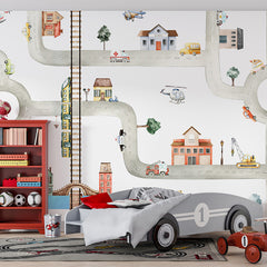 City of Vehicles wallpaper mural shown in a children's bedroom car bed