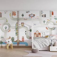 City of Vehicles wallpaper mural shown in a children's bedroom house bed