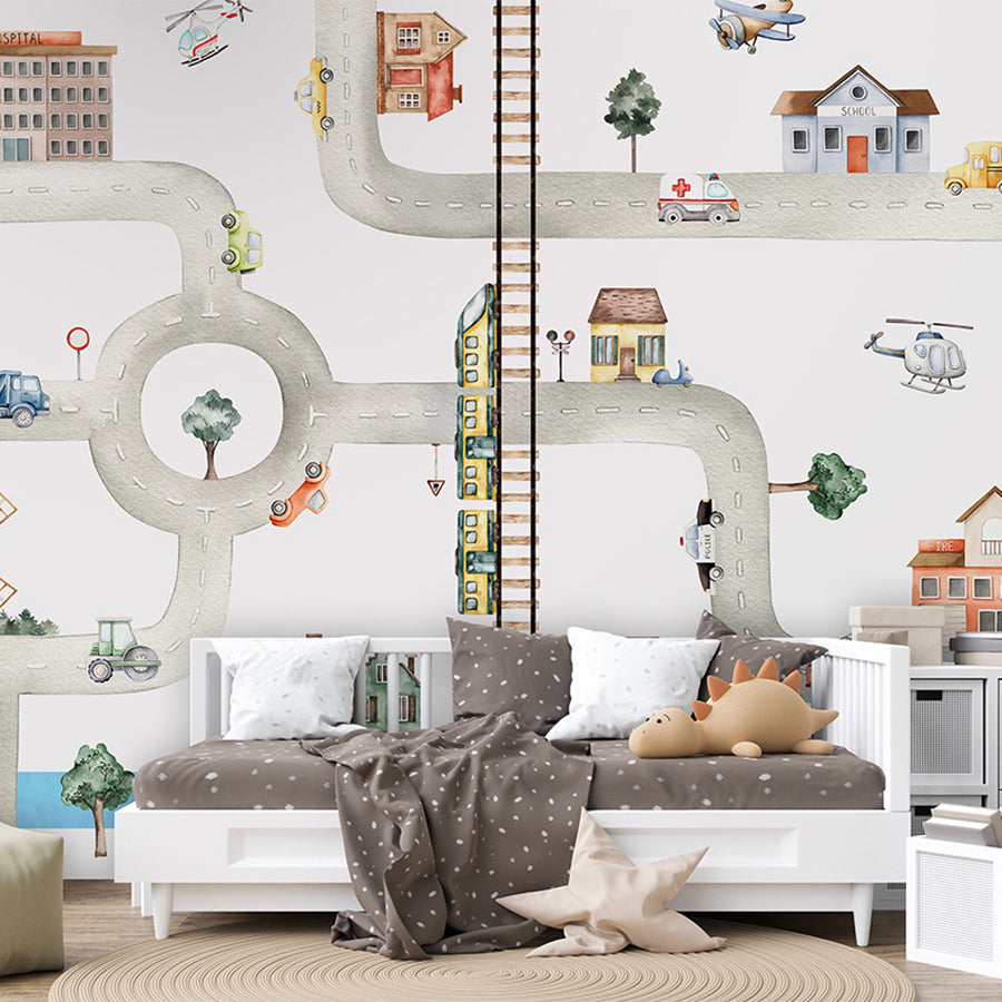 City of Vehicles wallpaper mural shown in a children's bedroom sofa