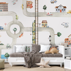 City of Vehicles wallpaper mural shown in a children's bedroom sofa