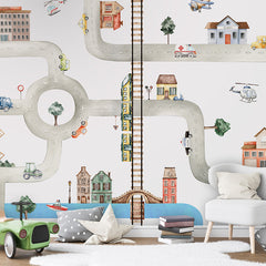 City of Vehicles wallpaper mural shown in a children's bedroom toy car