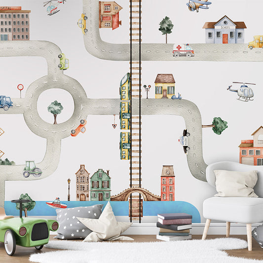 City of Vehicles wallpaper mural shown in a children's bedroom toy car