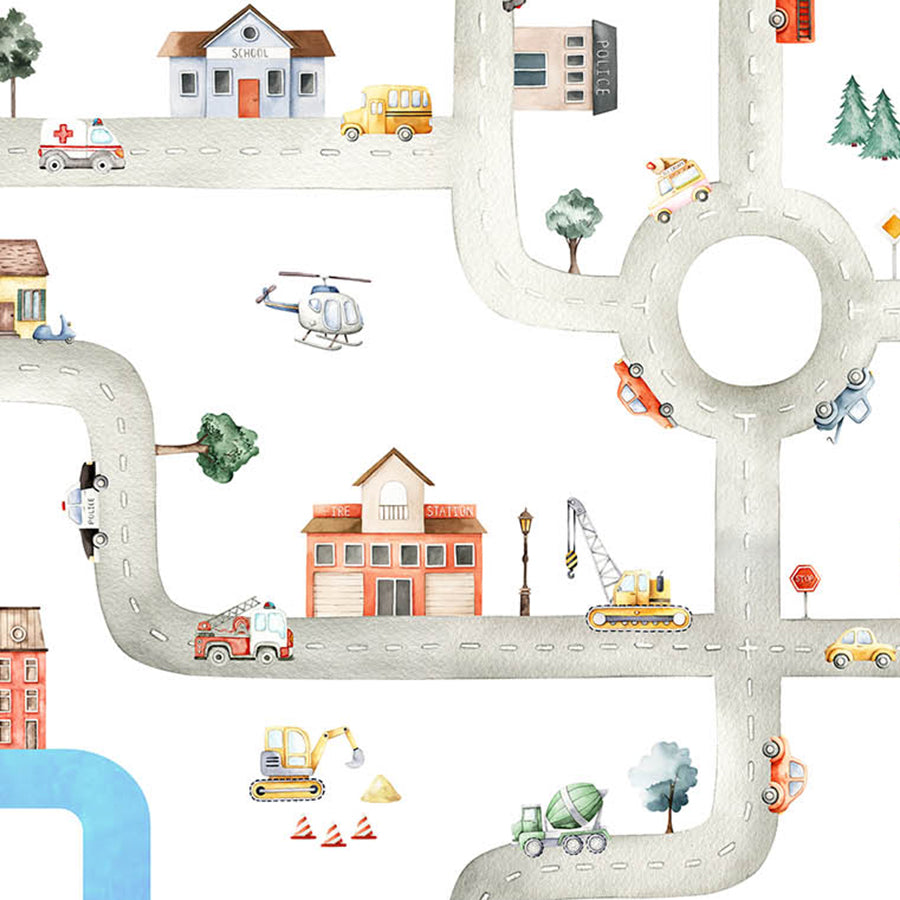 Close-up of the City of Vehicles wallpaper mural by Oliver Robins