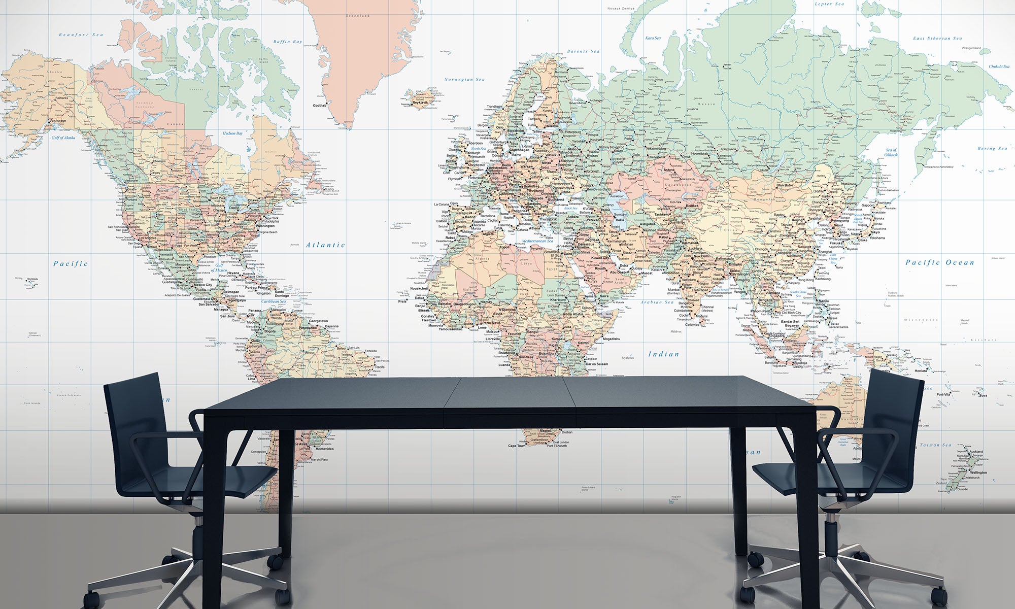 Commercial World Map Wallpaper in a school environment