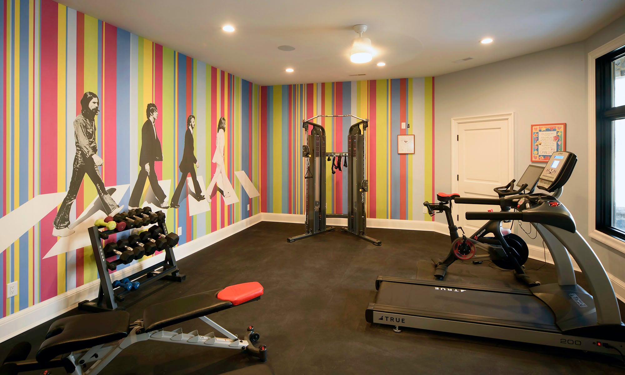 Beatles Striped wallpaper in gym setting 