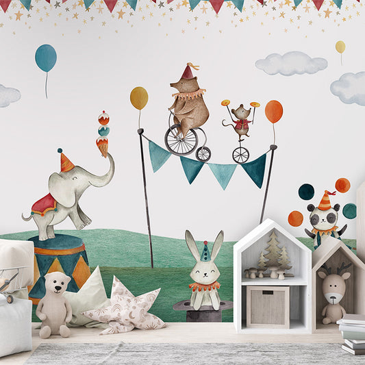 Crazy Circus wallpaper mural shown in a children's bedroom house shelves