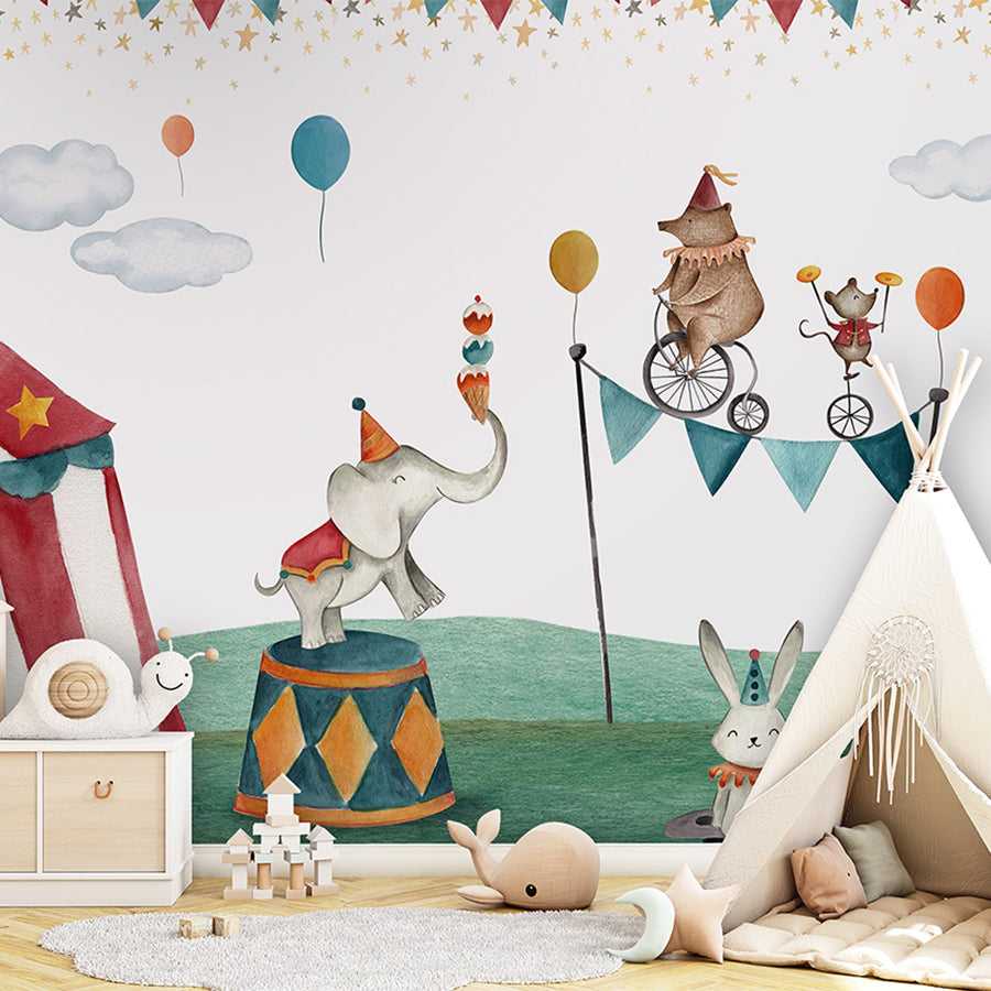 Crazy Circus wallpaper mural shown in a children's bedroom teepee