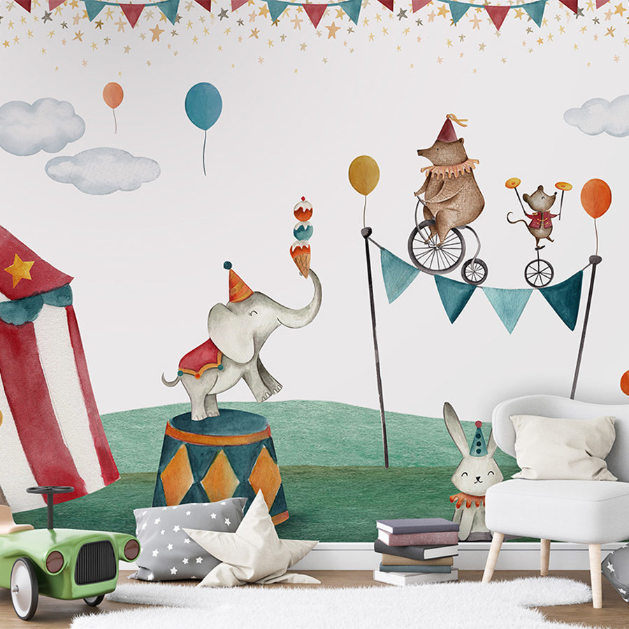 Crazy Circus wallpaper mural shown in a children's bedroom toy car