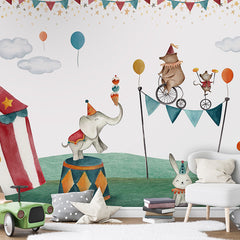 Crazy Circus wallpaper mural shown in a children's bedroom toy car