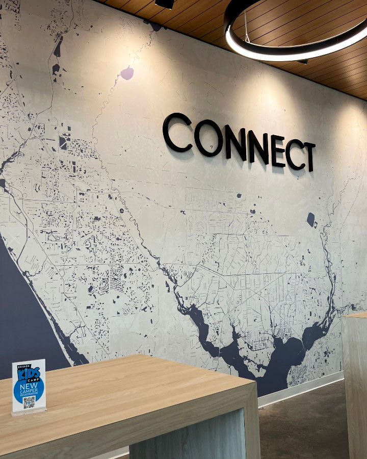 Florida, USA · Custom map wallpaper in blue and cream, installed in a church