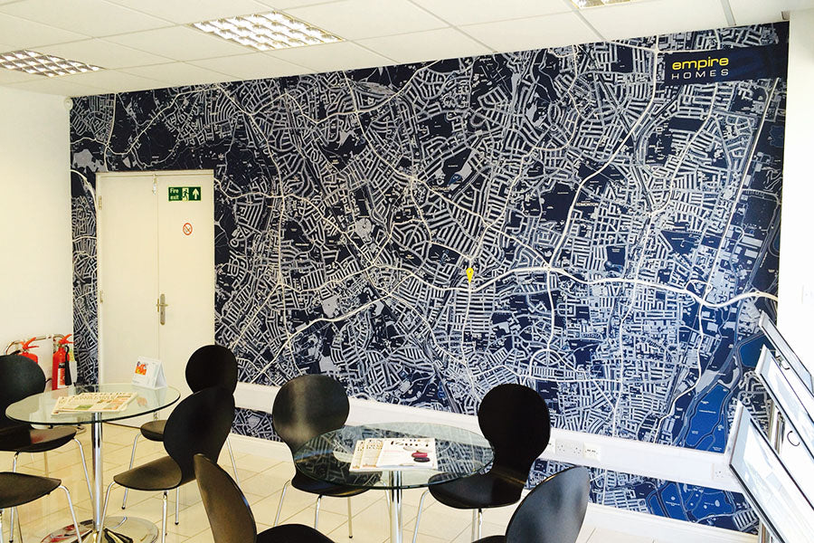 Custom map wallpaper in estate agent office setting