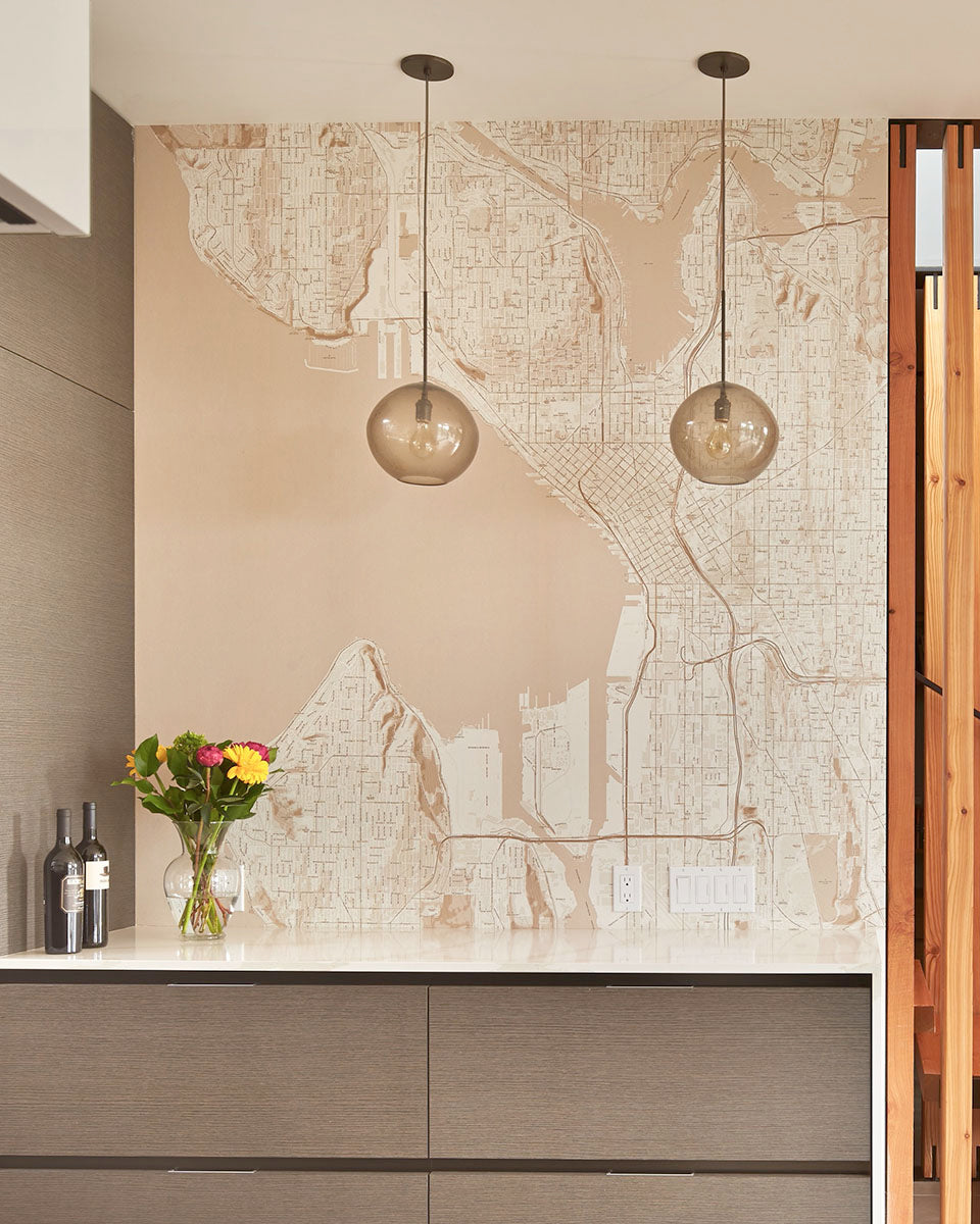 Seattle, USA · Custom map wallpaper in sepia tones installed in a contemporary kitchen