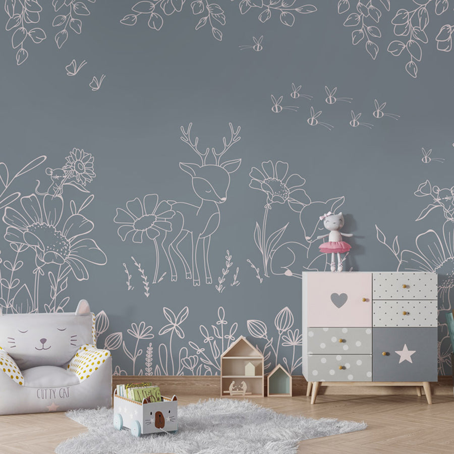 Deer Doodles – Blue wallpaper mural shown in a children's bedroom armchair