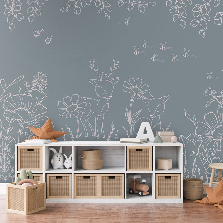 Deer Doodles – Blue wallpaper mural shown in a children's bedroom storage unit