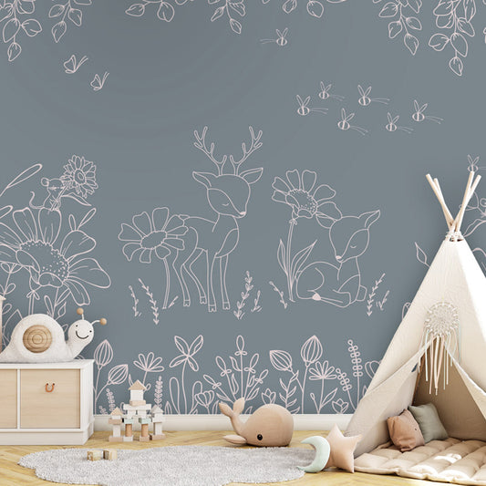 Deer Doodles – Blue wallpaper mural shown in a children's bedroom teepee
