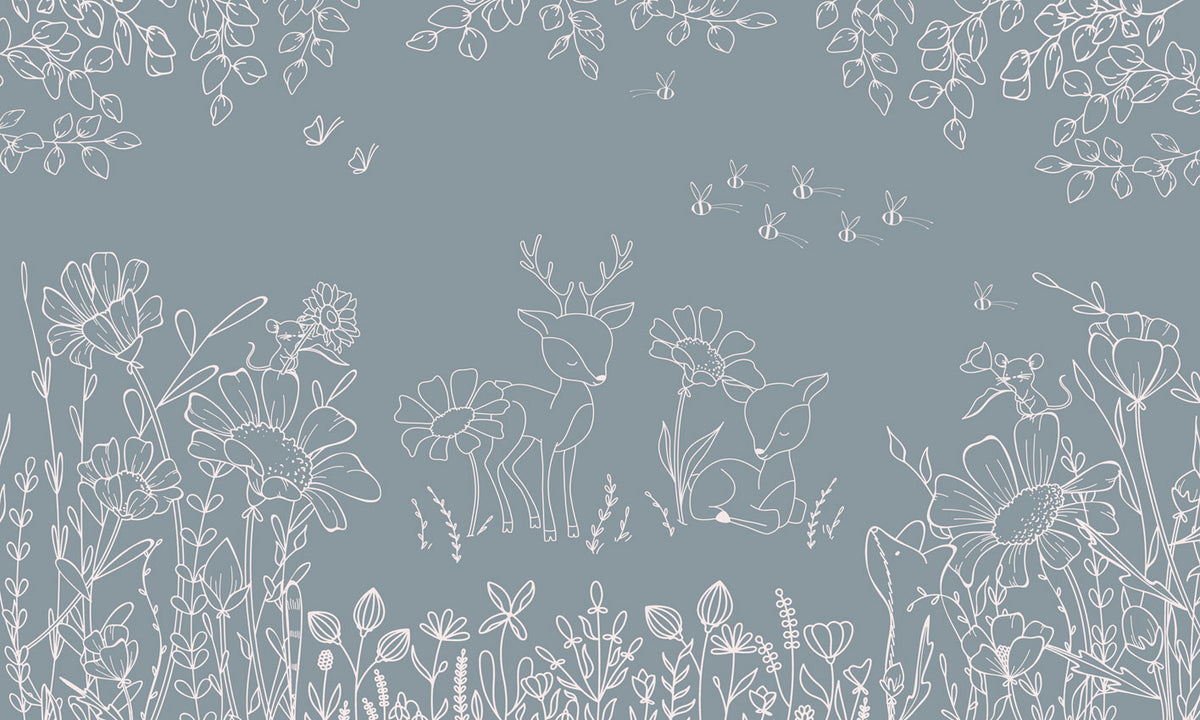 Deer Doodles – Blue wallpaper mural by Oliver Robins