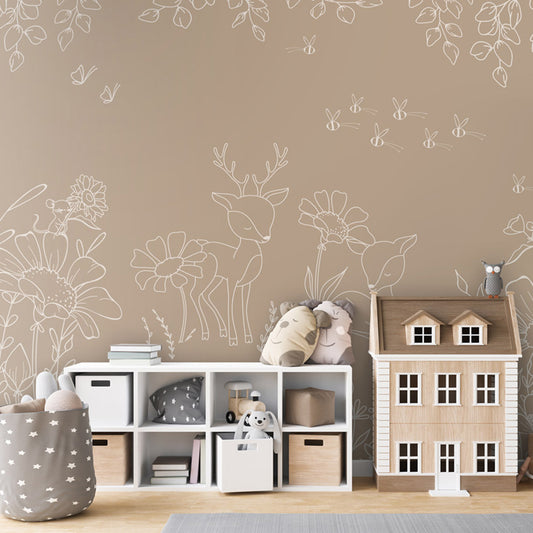 Deer Doodles – Brown wallpaper mural shown in a children's bedroom dolls house