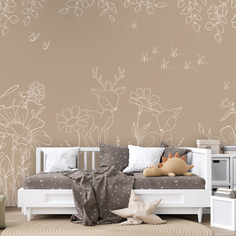 Deer Doodles – Brown wallpaper mural shown in a children's bedroom sofa