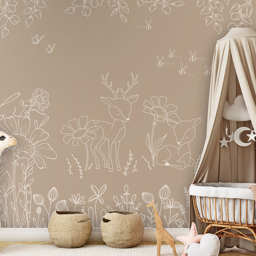 Deer Doodles – Brown wallpaper mural shown in a children's nursery canopy crib