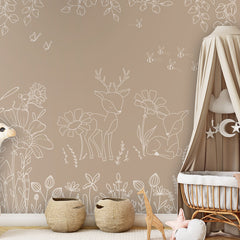 Deer Doodles – Brown wallpaper mural shown in a children's nursery canopy crib