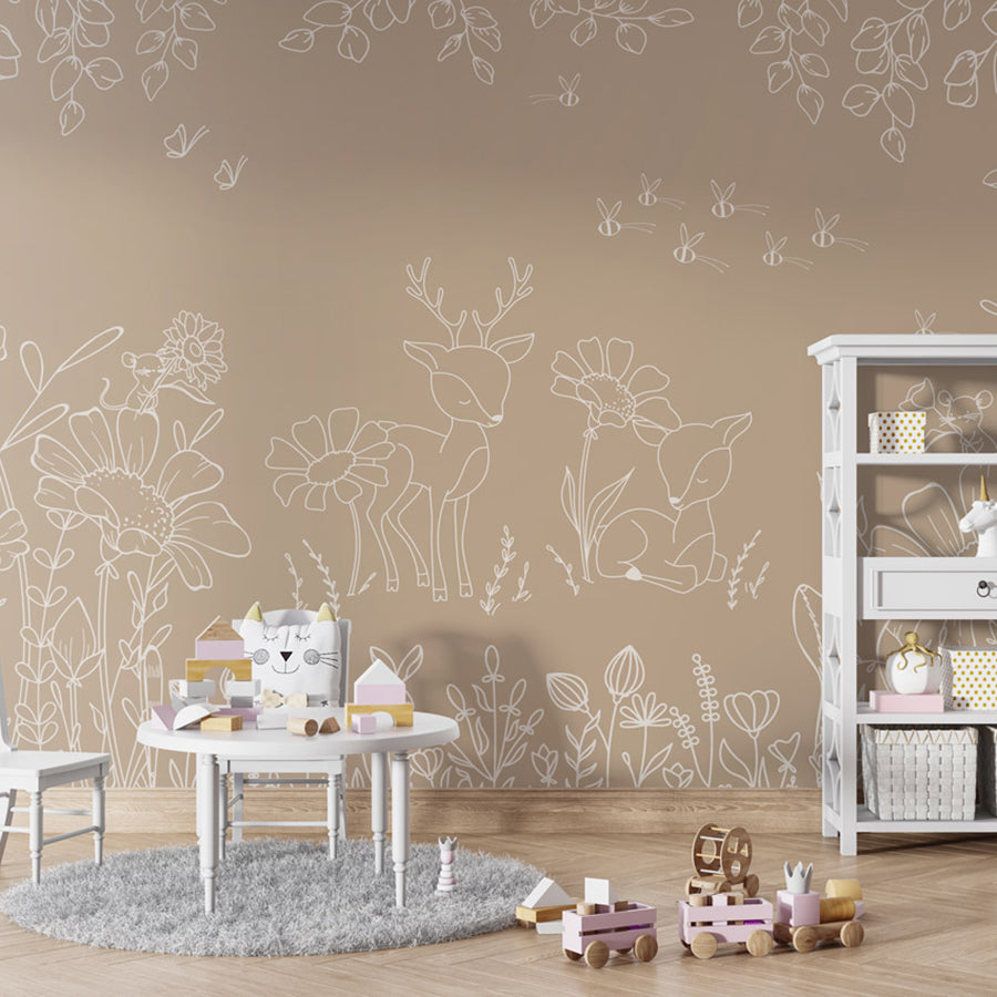 Deer Doodles – Brown wallpaper mural shown in a children's playroom table