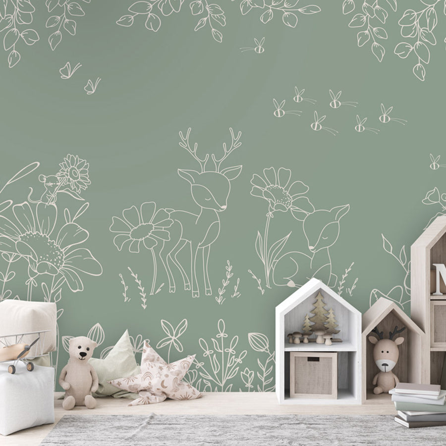 Deer Doodles – Green wallpaper mural shown in a children's bedroom house shelves