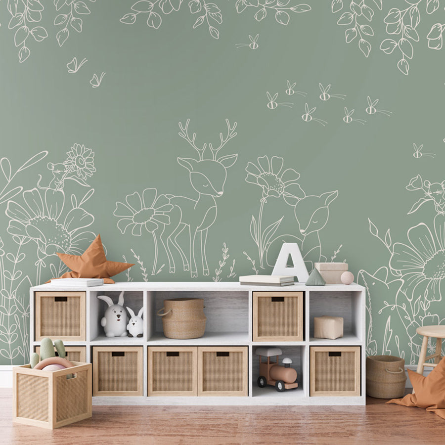 Deer Doodles – Green wallpaper mural shown in a children's bedroom storage unit