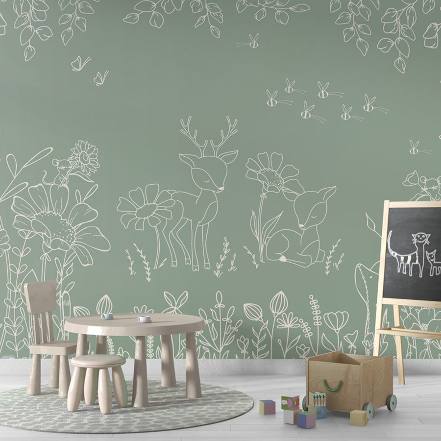 Deer Doodles – Green wallpaper mural shown in a children's playroom chalkboard