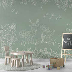 Deer Doodles – Green wallpaper mural shown in a children's playroom chalkboard
