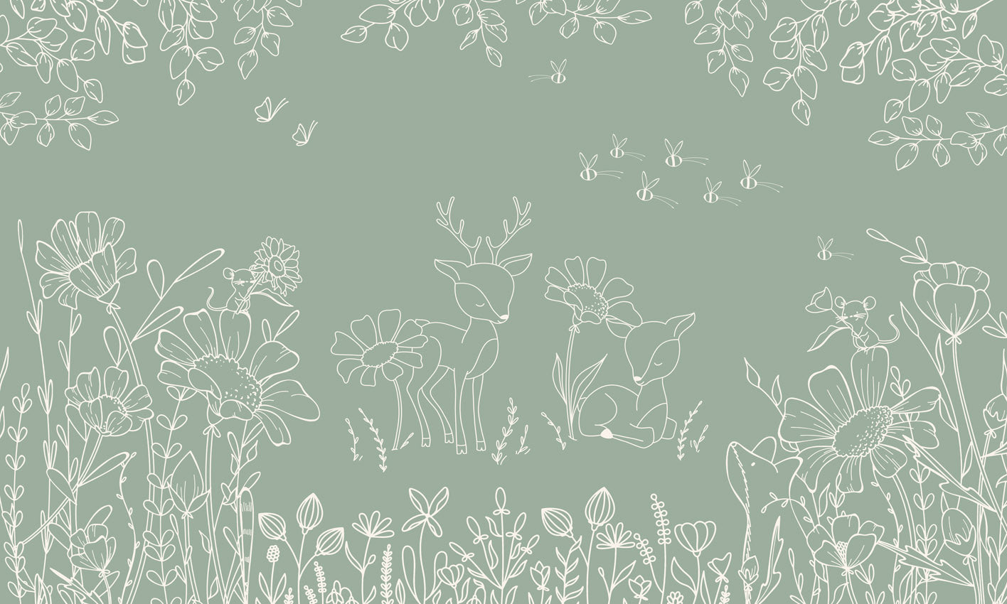 Deer Doodles – Green wallpaper mural by Oliver Robins